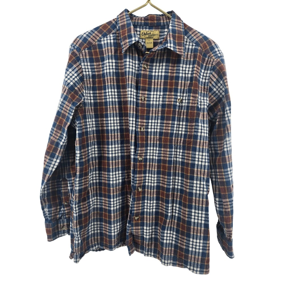 Orton Brothers Plaid Button Up Mens Large Blue Brown Cotton Flannel Shirt L Long
